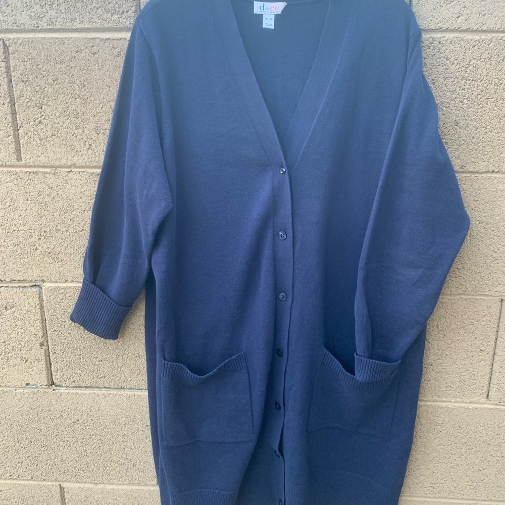 Navy Blue Denim & Co. Long Sweater Cardigan Size XL 37” Long 25” Pit to Pit